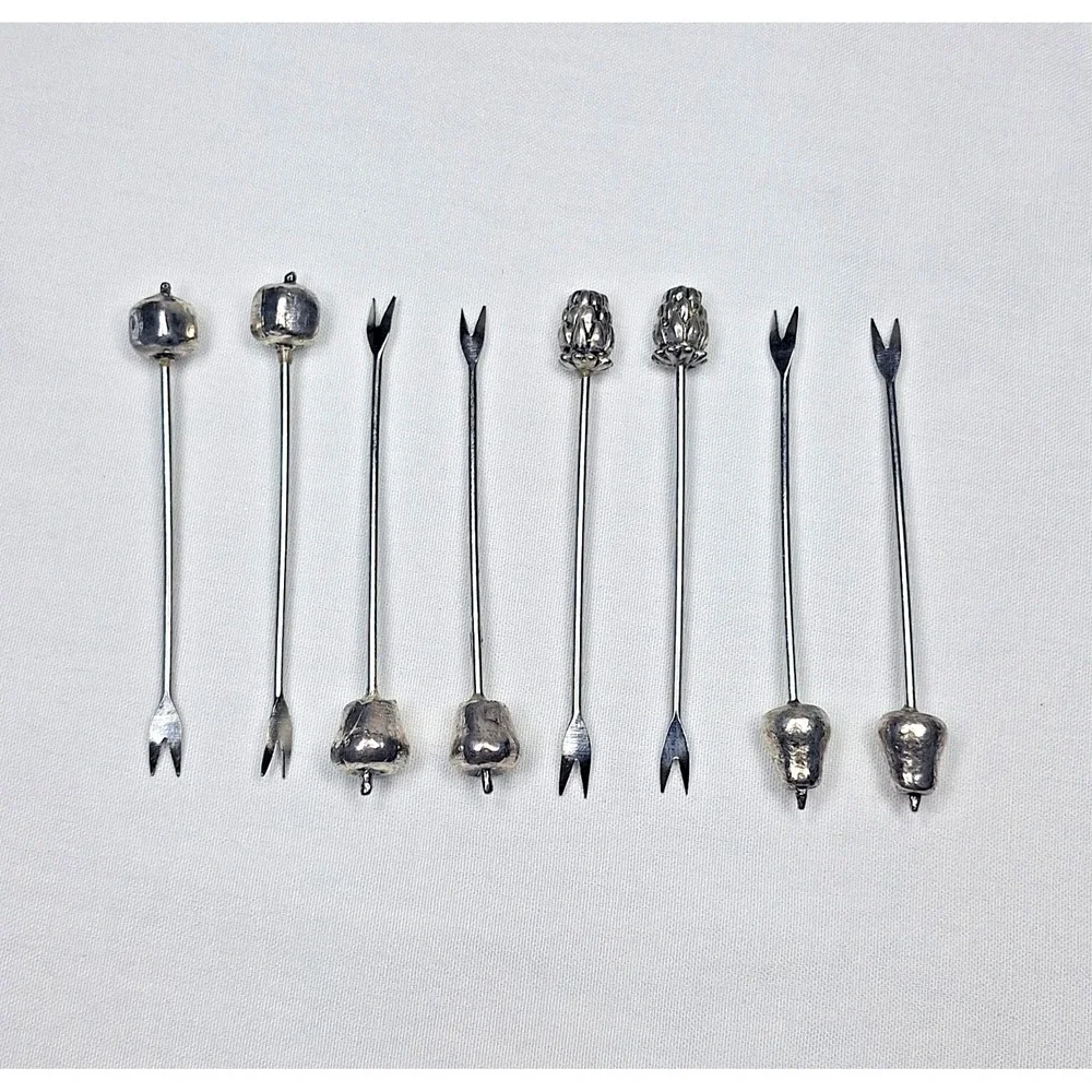 Set Of 6 Silver Fruit Topped Hors d'oeuvre‎ Forks Cocktail Picks Olive Bar Metal